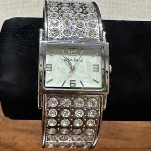 Cookie Lee Silver-Tone Crystal Cuff Watch
